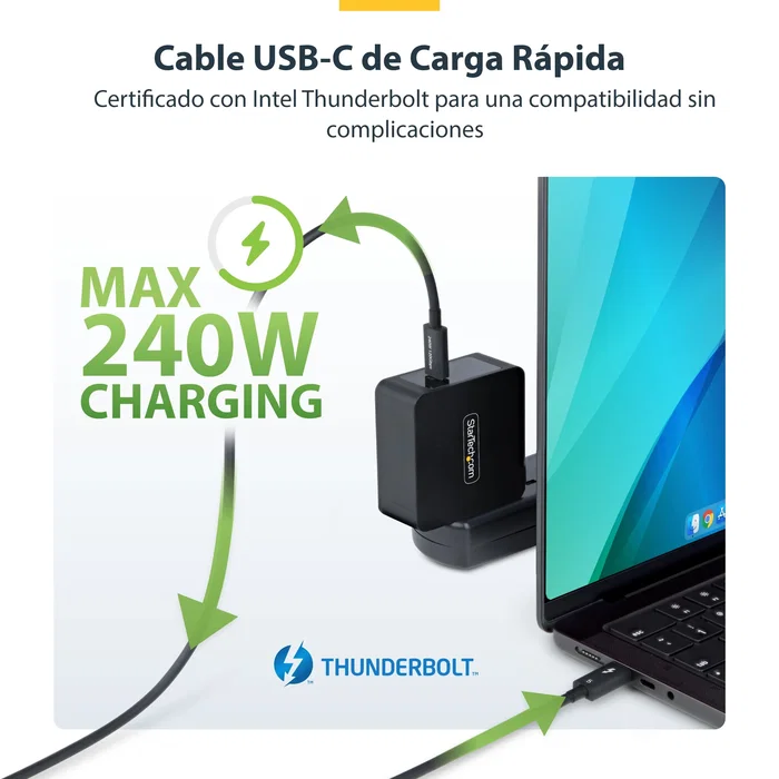 StarTech.com Cable Thunderbolt 5 USB-C 0,5 m 80 Gbps PD 240W Negro Certificado para 8K - TBLT5MM50CM240W - Compatible con Thunderbolt 4/3, USB4 y MacBook Pro M4