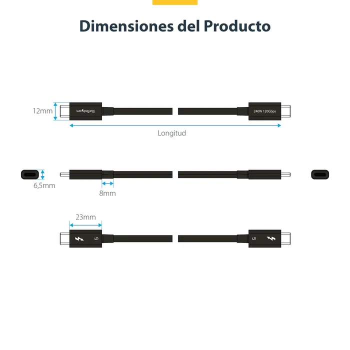 StarTech.com Cable Thunderbolt 5 USB-C 0,5 m 80 Gbps PD 240W Negro Certificado para 8K - TBLT5MM50CM240W - Compatible con Thunderbolt 4/3, USB4 y MacBook Pro M4