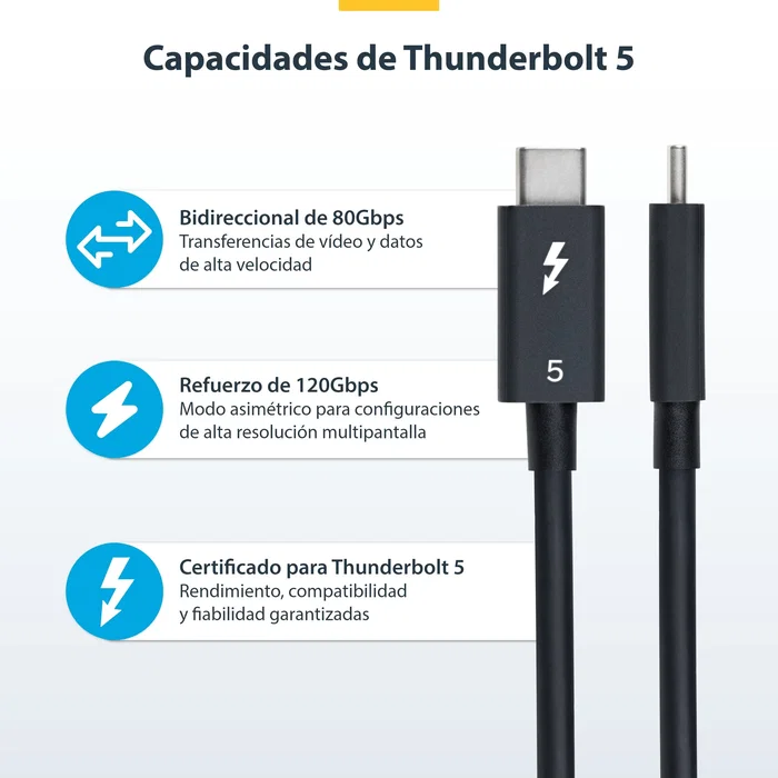 StarTech.com Cable Thunderbolt 5 USB-C 0,5 m 80 Gbps PD 240W Negro Certificado para 8K - TBLT5MM50CM240W - Compatible con Thunderbolt 4/3, USB4 y MacBook Pro M4