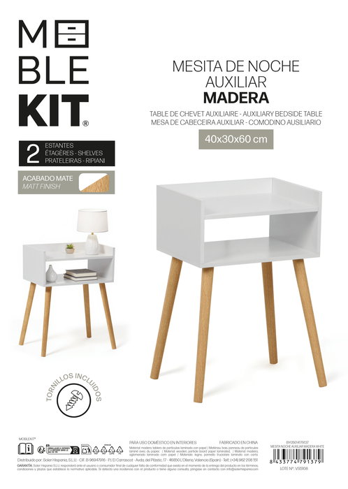 Inde Mesita Noche Auxiliar Blanca de Madera MobiliKit - 7,6 cm Ancho x 44,2 cm Alto x 32,8 cm Largo (2 Unidades)