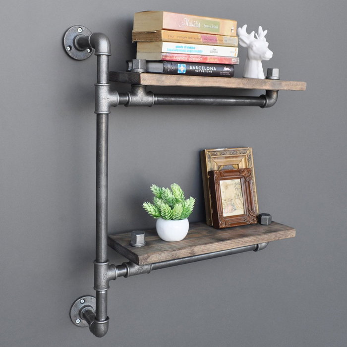 Hanah Home Estantería de tubos Boruraf076, madera de abeto y metal, nogal y negro, 60x47x13 cm Hanah Home Estantería de tubos Boruraf076, madera de abeto y metal, nogal y negro, 60x47x13 cm
