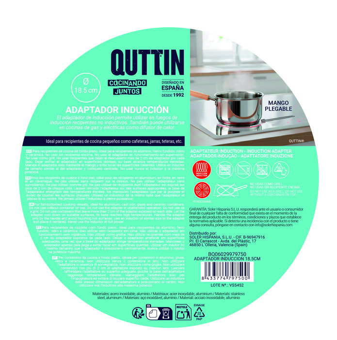 Inde Adaptador de Inducción de 18.5 cm Quttin - Adaptador para Placa de Inducción, Dimensiones: 21 x 18.6 x 2.5 cm (8 Unidades)