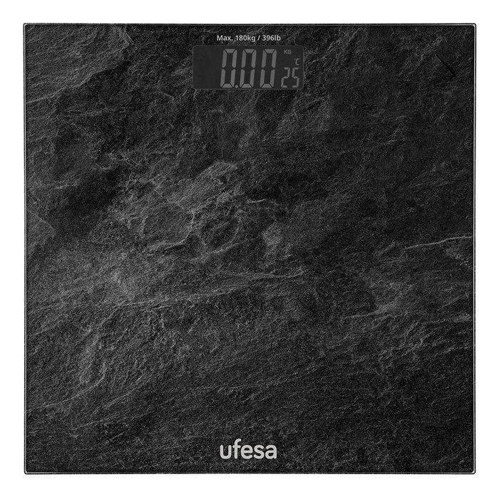 Ufesa Báscula Personal Electrónica Lausanne - Vidrio Templado Negro, 180 kg de Capacidad, Apagado Automático, Pantalla LCD, 30x30 cm