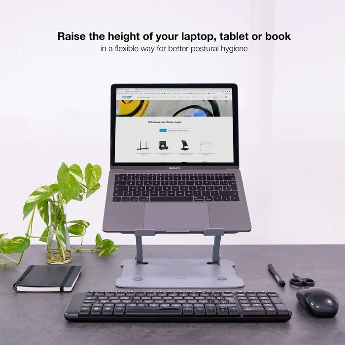 TooQ TQLRS0012-AL-G Soporte Elevador para Portatil y Tableta Ajustable en Altura e Inclinacion Plegable Aluminio Ergonómico Compatible 11 a 17.3 Pulgadas Gris