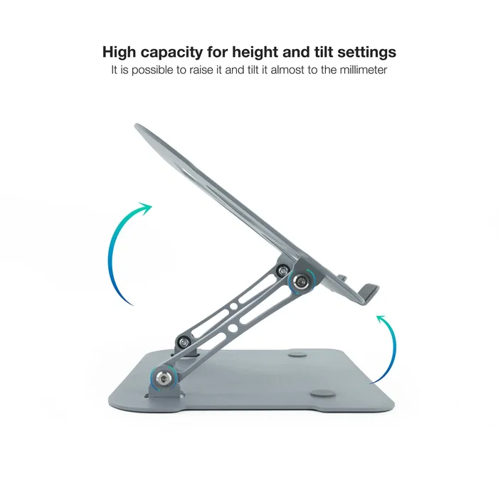 TooQ TQLRS0012-AL-G Soporte Elevador para Portatil y Tableta Ajustable en Altura e Inclinacion Plegable Aluminio Ergonómico Compatible 11 a 17.3 Pulgadas Gris