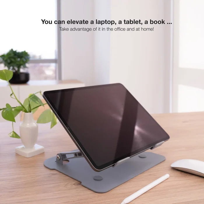TooQ TQLRS0012-AL-G Soporte Elevador para Portatil y Tableta Ajustable en Altura e Inclinacion Plegable Aluminio Ergonómico Compatible 11 a 17.3 Pulgadas Gris