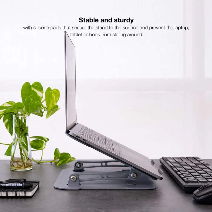TooQ TQLRS0012-AL-G Soporte Elevador para Portatil y Tableta Ajustable en Altura e Inclinacion Plegable Aluminio Ergonómico Compatible 11 a 17.3 Pulgadas Gris