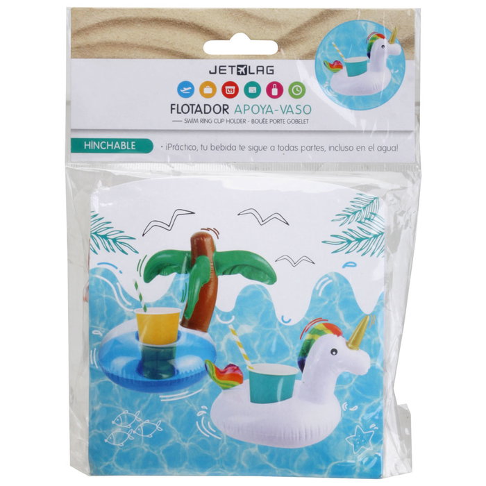Jet Lag Flotador Apoya-Vasos Grande Colección Good Deal Modelos Palmera Unicornio 28,5x17 cm