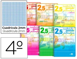 Liderpapel Cuaderno espiral cuarto pautaguia tapa blanda 40h 75gr cuadro pautado 2,5mm con margen colores surtidos