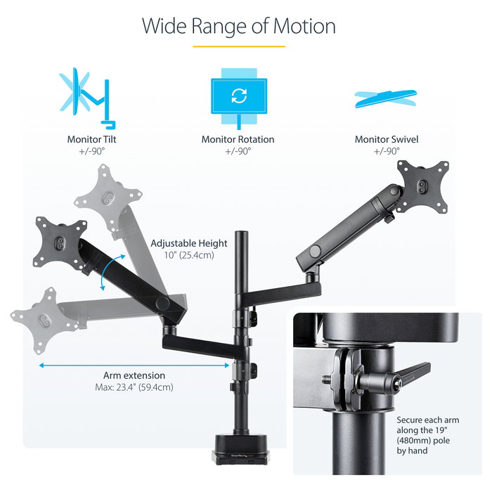 StarTech.com Brazo de Soporte para 2 Monitores VESA hasta 32 Pulgadas - Soporte de Montaje en Escritorio con Abrazadera, Ajuste de Altura e Inclinación, Hasta 8 kg por Pantalla