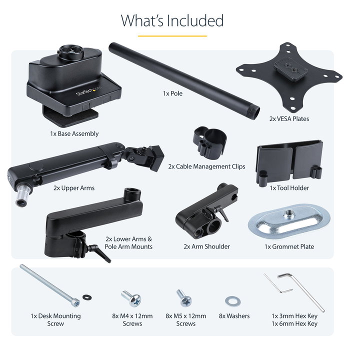StarTech.com Brazo de Soporte para 2 Monitores VESA hasta 32 Pulgadas - Soporte de Montaje en Escritorio con Abrazadera, Ajuste de Altura e Inclinación, Hasta 8 kg por Pantalla