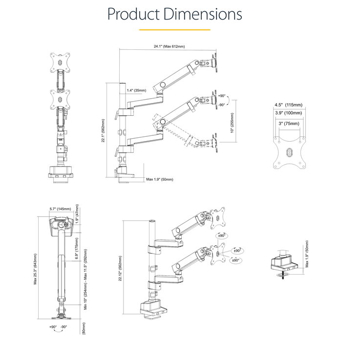 StarTech.com Brazo de Soporte para 2 Monitores VESA hasta 32 Pulgadas - Soporte de Montaje en Escritorio con Abrazadera, Ajuste de Altura e Inclinación, Hasta 8 kg por Pantalla