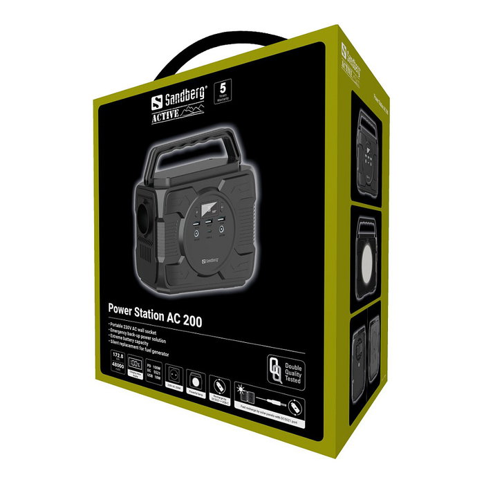 Sandberg 420-83 Power Station AC200 172.8Wh/48000mAh 200W - Batería Portátil 230V, 1x CA, 3x USB-A, 1x USB-C 100W, Carga Rápida, Pantalla, Negra