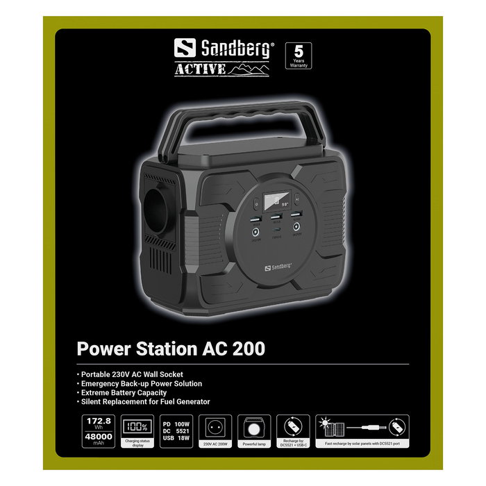 Sandberg 420-83 Power Station AC200 172.8Wh/48000mAh 200W - Batería Portátil 230V, 1x CA, 3x USB-A, 1x USB-C 100W, Carga Rápida, Pantalla, Negra