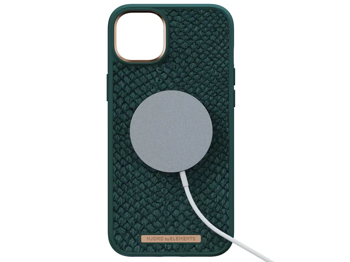 Njord Funda MagSafe para iPhone 14 Plus Compatible con Carga Inalámbrica, Hecha de Piel de Salmón Verde, Certificación Militar MIL-STD-810H, Protección Contra Caídas de 2 Metros
