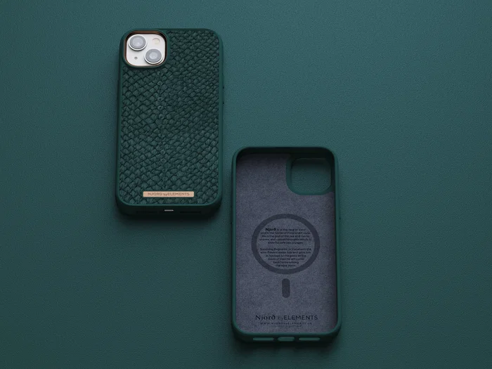 Njord Funda MagSafe para iPhone 14 Plus Compatible con Carga Inalámbrica, Hecha de Piel de Salmón Verde, Certificación Militar MIL-STD-810H, Protección Contra Caídas de 2 Metros