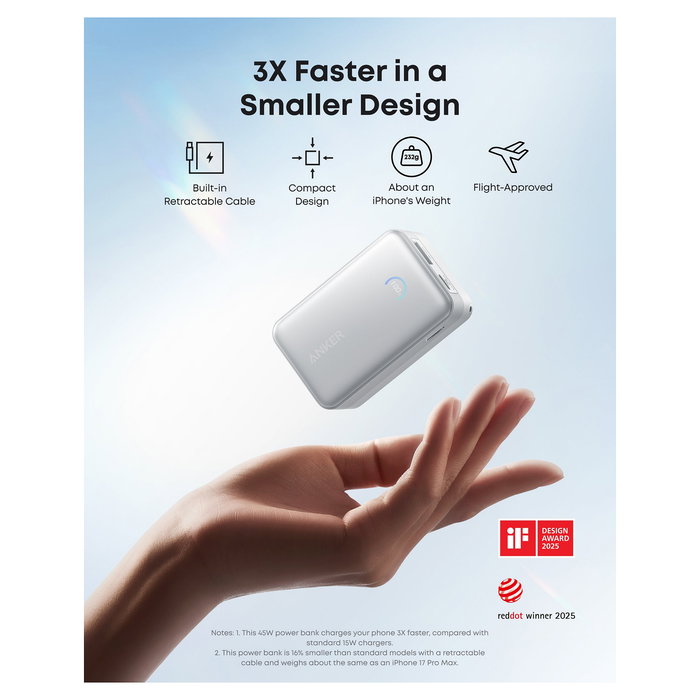 Anker PowerCore Nano A1638 Batería Externa 10000 mAh 45W, Carga Rápida USB-C PD, Color Blanco