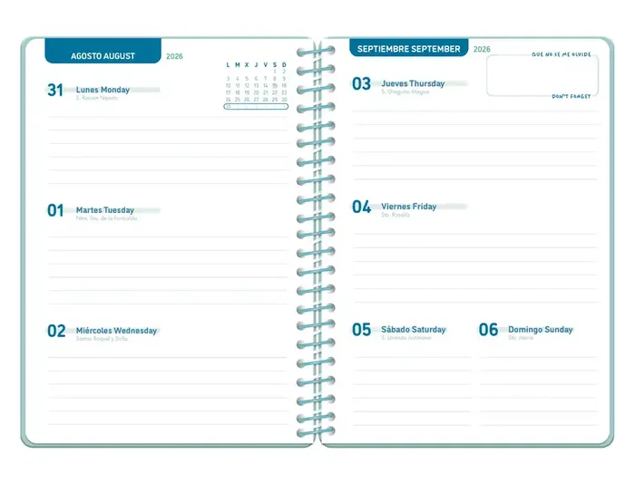 Liderpapel Agenda Escolar 26-27 Classic Semana Vista A5 Espiral Bilingüe - Papel FSC 70g, Color Azul Turquesa