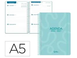 Liderpapel Agenda Escolar 26-27 Classic Semana Vista A5 Espiral Bilingüe - Papel FSC 70g, Color Azul Turquesa