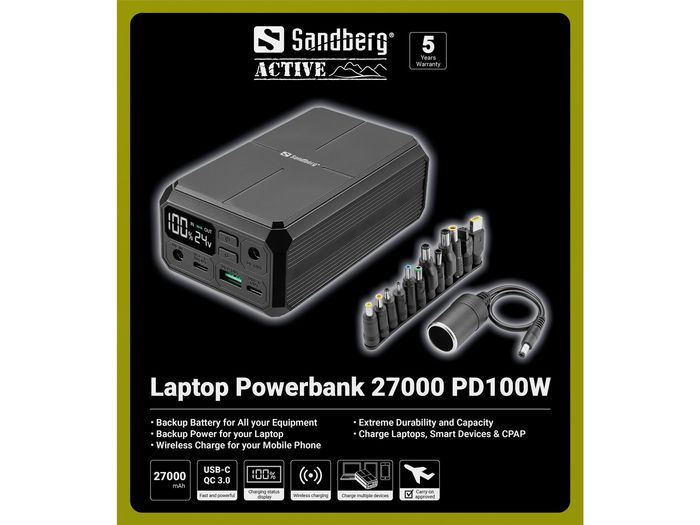 Sandberg Powerbank Portátil 27000 mAh PD100W con Carga Rápida DC y USB-C para Móviles y Portátiles