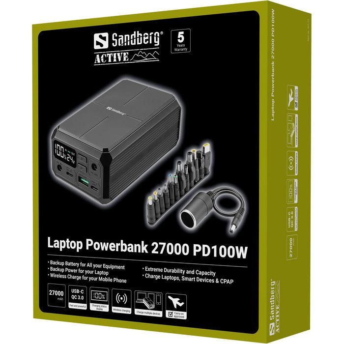 Sandberg Powerbank Portátil 27000 mAh PD100W con Carga Rápida DC y USB-C para Móviles y Portátiles