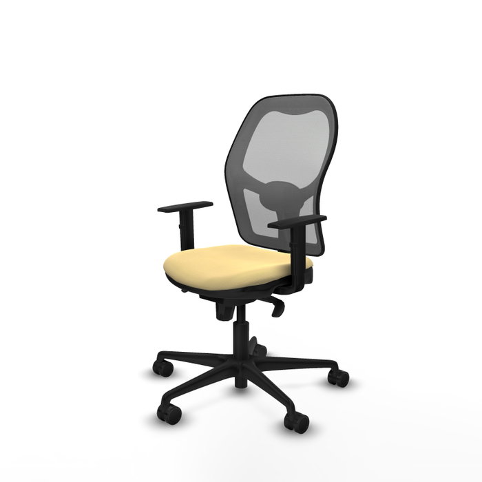 Silla de oficina Jorquera con mecanismo Sincro tapizada con Similpiel color Crema y malla color Gris. Equipada con lumbar 1D, Brazos 1D y Ruedas 65mm nailon