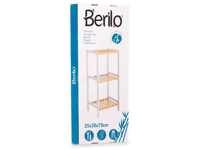 Berilo - Estantería cuadrada de bambú y pino con 3 estantes, color blanco natural, dimensiones: 70x30x6 cm (montada: 35x30x70 cm)