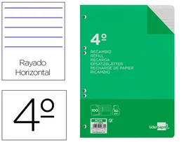 Liderpapel Recambio Cuarto 100 Hojas 60gr Horizontal con Margen 6 Taladros