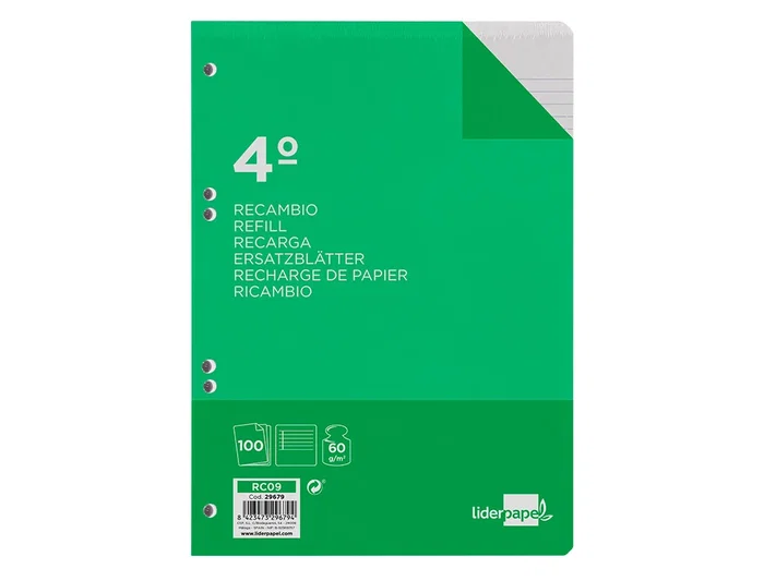 Liderpapel Recambio Cuarto 100 Hojas 60gr Horizontal con Margen 6 Taladros