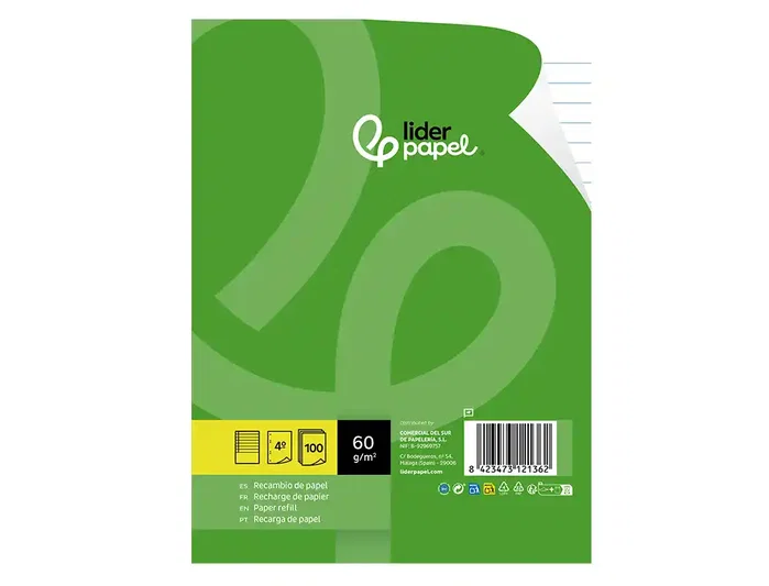 Liderpapel Recambio Cuarto 100 Hojas 60g Horizontal con Margen y 6 Taladros