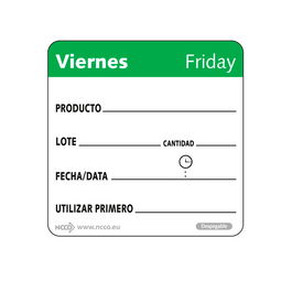 NCCO SRIDU2205 - Rollo de 500 etiquetas - "VIERNES" - 5 x 5 cm - Blanco y verde - Venta 1 unidad.