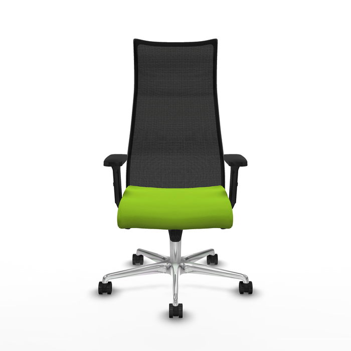 Sillón Albacete con mecanismo Sincro tapizada con Similpiel color Pistacho y malla color Negro. Equipado con Base aluminio, Brazos 2D y Ruedas 65mm nailon