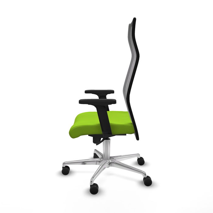 Sillón Albacete con mecanismo Sincro tapizada con Similpiel color Pistacho y malla color Negro. Equipado con Base aluminio, Brazos 2D y Ruedas 65mm nailon