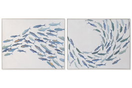 DKD Home Decor Cuadro Atlántico Azul con Motivo de Peces - Lienzo, 102 x 82 cm (2 Unidades)