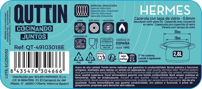 Inde Cacerola 18 cm (2.8 L) Acero Inoxidable con Tapa "Hermes" Qt (6 Unidades)