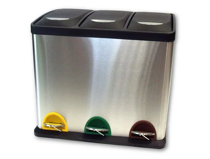 Q-connect Papelera Contenedor Metálica con Tapa de Plástico y Pedal, 3 Depósitos, 45L, 605x340x485 mm