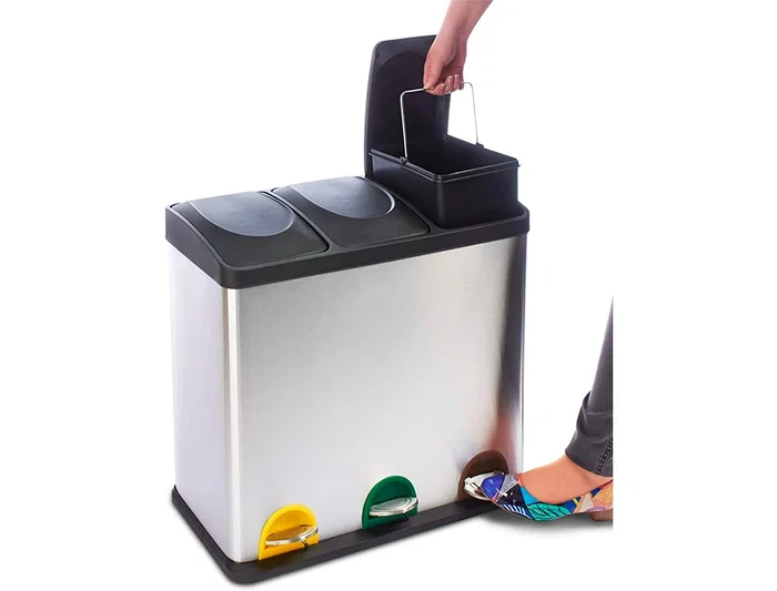 Q-connect Papelera Contenedor Metálica con Tapa de Plástico y Pedal, 3 Depósitos, 45L, 605x340x485 mm