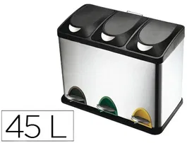 Q-connect Papelera Contenedor Metálica con Tapa de Plástico y Pedal, 3 Depósitos, 45L, 605x340x485 mm