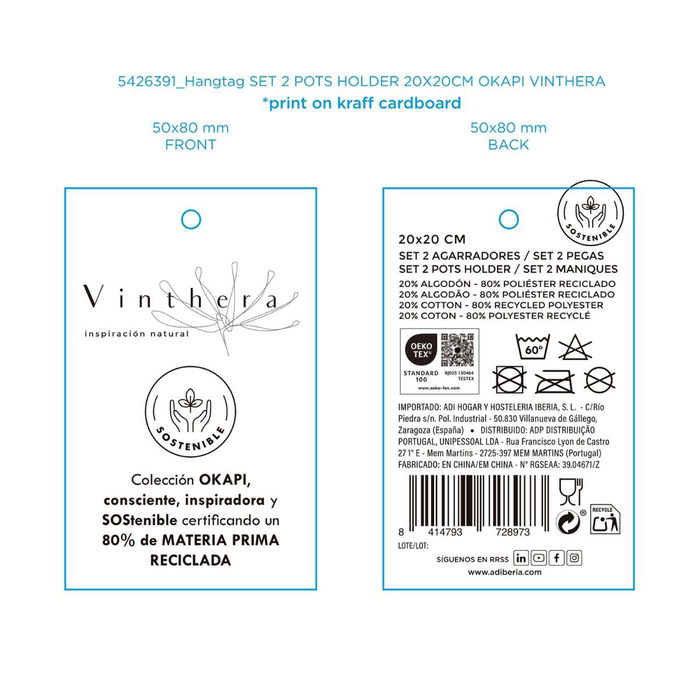 Set 2 Agarradores Reciclado Okapi Vinthera 20x20 cm