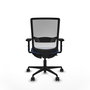 Silla de oficina Haches con mecanismo Sincro/Traslack tapizada con Tela color Azul marino y malla color Blanco. Equipada con lumbar 1D, Brazos 2D y Ruedas 65mm nailon