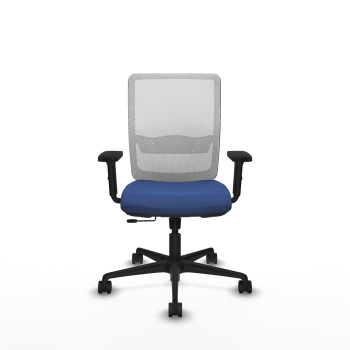 Silla de oficina Haches con mecanismo Sincro/Traslack tapizada con Tela color Azul marino y malla color Blanco. Equipada con lumbar 1D, Brazos 2D y Ruedas 65mm nailon