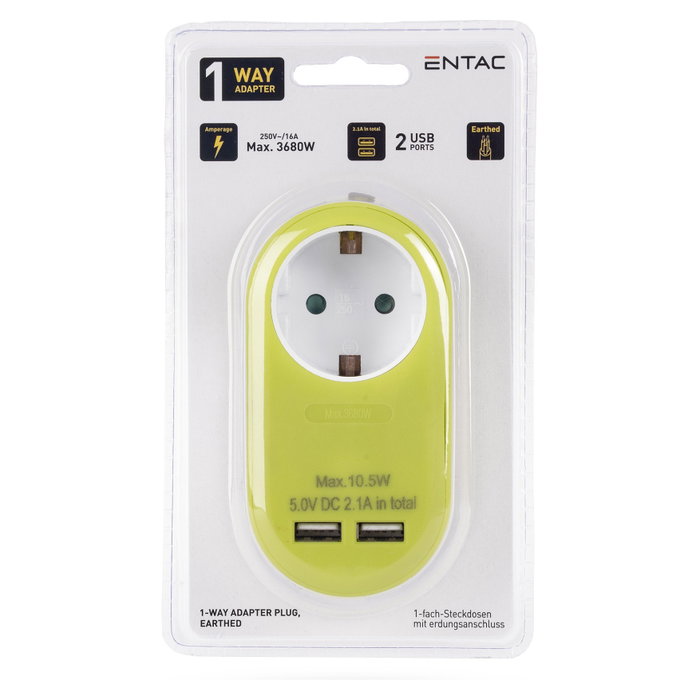 ENTAC Adaptador de enchufe EPAG-1EE-2USB-L con 2x USB-A lima ENTAC Adaptador de enchufe EPAG-1EE-2USB-L con 2x USB-A lima