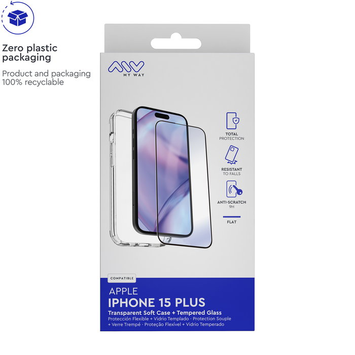 Myway Funda Compatible con Apple iPhone 15 Plus + Protector de Pantalla de Vidrio Templado Plano