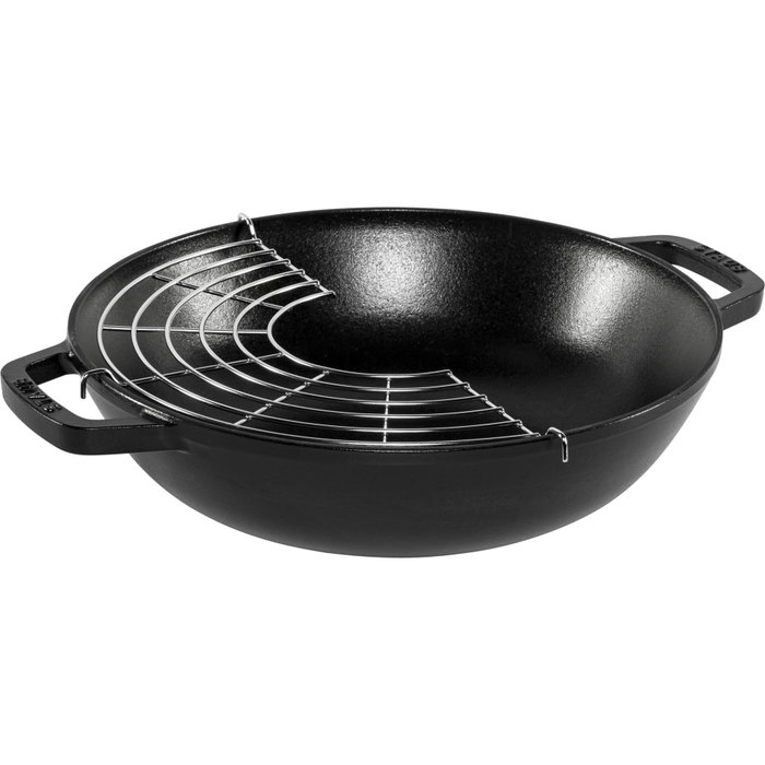 Staub Wok de 30 cm con Tapa de Vidrio, Negro, Hierro Fundido
