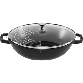 Staub Wok de 30 cm con Tapa de Vidrio, Negro, Hierro Fundido