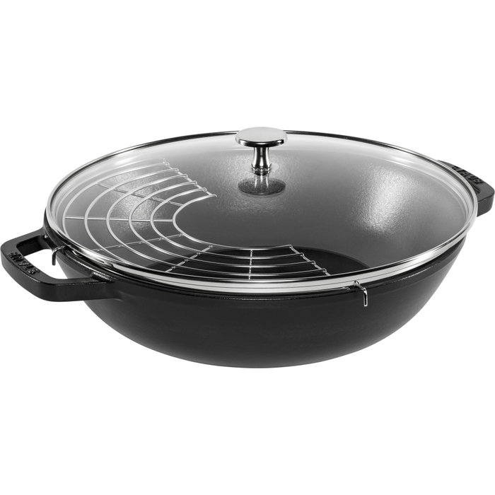 Staub Wok de 30 cm con Tapa de Vidrio, Negro, Hierro Fundido