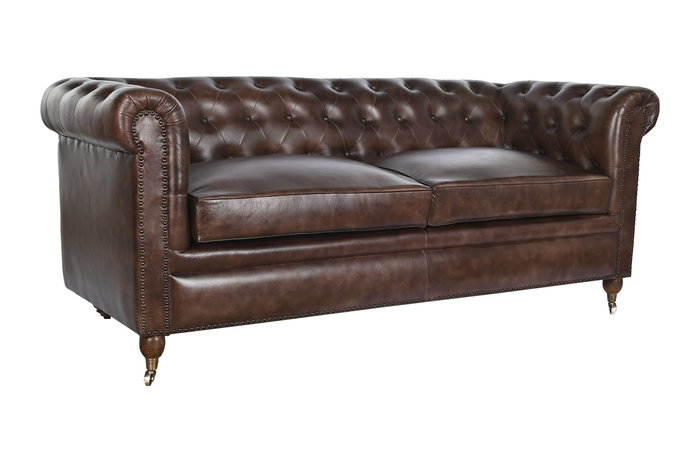 DKD Home Decor Leather top 23 Sofá Vintage Chester 3 Plazas Piel Marrón Oscuro 190 x 77 x 80 cm