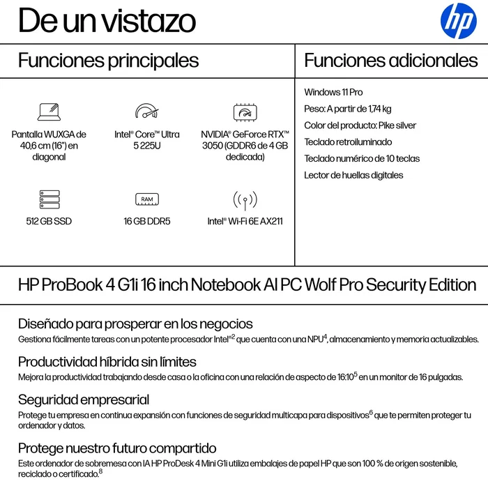 HP ProBook 4 G1i AI Wolf Pro Security Edition Intel Core Ultra 5, 16 GB, 512 GB SSD, 16 pulgadas, Plata