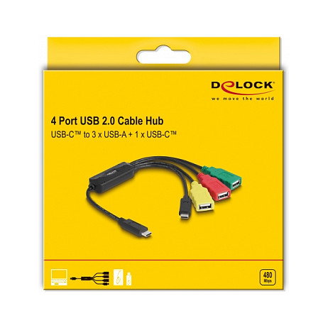 DeLOCK Hub USB 2.0 de 4 Puertos, Cable USB Type-C a 3 USB-A + 1 USB-C, Velocidad 480 Mbps, Plug & Play, 0.3 m