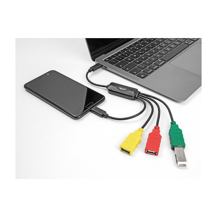 DeLOCK Hub USB 2.0 de 4 Puertos, Cable USB Type-C a 3 USB-A + 1 USB-C, Velocidad 480 Mbps, Plug & Play, 0.3 m